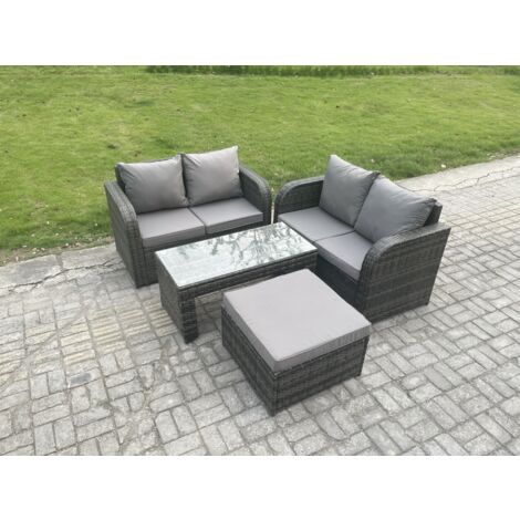 Fimous Dossier haut Salon de jardin avec Canapé d'amour Table basse rectangulaire Grand tabouret Gris foncé mixte