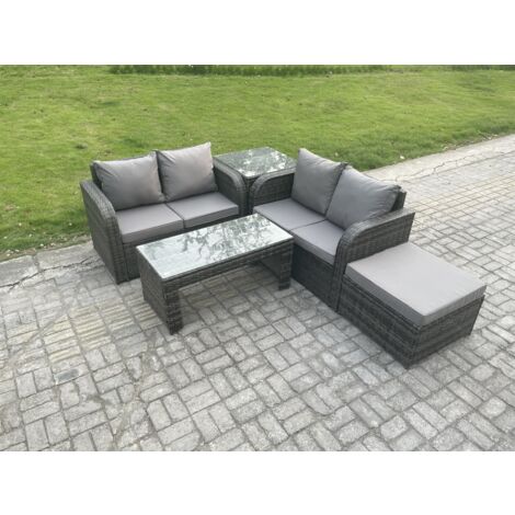 Fimous Dossier haut Salon de jardin avec Canapé d'amour Table basse rectangulaire Grand tabouret Table d'appoint Gris foncé mixte