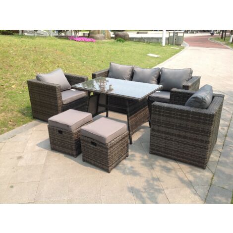Fimous Dunkelgrau Gemischt Rattan Garten Sofa Set 2 Sesseln Rechteckiger Esstisch 2 kleine Hockern 7-Sitzer