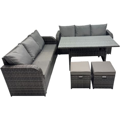 Fimous Dunkelgrau Polyrattan Gartenmöbel-Set Lounge Sofa 3 Sitzer Sofa Set Outdoor Rechteckiger Esstisch mit 2 Hockern 8 Sitzer