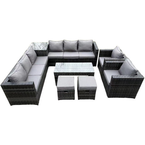 Fimous Ensemble canapé d'angle en rotin pour 10 personnes avec table d'appoint carrée et table basse rectangulaire 2 fauteuils 2 tabourets gris foncé mix