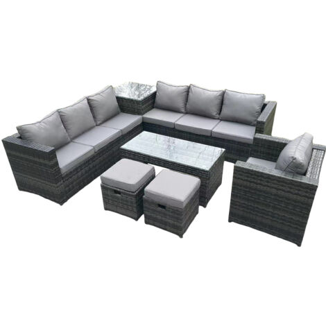 Fimous Ensemble de canapé d'angle en rotin pour 9 personnes avec table d'appoint carrée et fauteuil de table basse rectangulaire 2 tabourets gris foncé mix