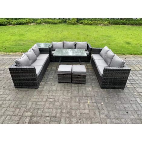 Fimous Ensemble de canapé en rotin extérieur avec Table à manger Table d'appoint 2 Petits tabourets 11 places Gris foncé mixte