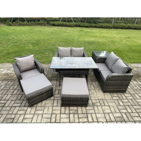 Fimous Ensemble de canapés de jardin en rotin Table à manger rectangulaire avec Fauteuils 2 Grands Tabourets Table d'appoint 7 places Gris foncé mélangé