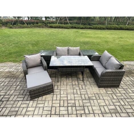 Fimous Ensemble de canapés de jardin en rotin Table à manger rectangulaire avec Fauteuils 2 Tables d'appoint Grands Tabouret Gris foncé mélangé