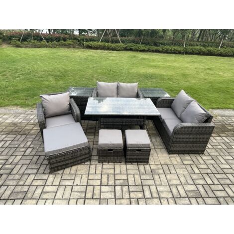 Fimous Ensemble de canapés de jardin en rotin Table à manger rectangulaire avec Fauteuils 3 Repose-pieds 2 Tables d'appoint 8 places Gris foncé mélangé