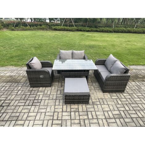 Fimous Ensemble de canapés de jardin en rotin Table à manger rectangulaire avec Fauteuils Grands Tabouret Gris foncé mélangé