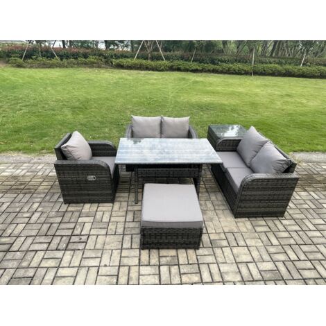 Fimous Ensemble de canapés de jardin en rotin Table à manger rectangulaire avec Fauteuils Grands Tabouret Table d'appoint Gris foncé mélangé