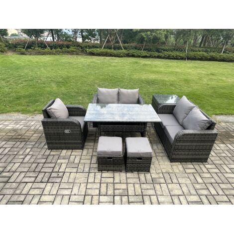 Fimous Ensemble de canapés de jardin en rotin Table à manger rectangulaire avec Fauteuils Table d'appoint 2 Petits repose-pieds Gris foncé mélangé