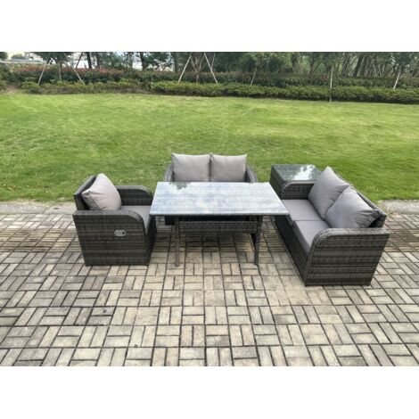 Fimous Ensemble de canapés de jardin en rotin Table à manger rectangulaire avec Fauteuils Table d'appoint Gris foncé mélangé