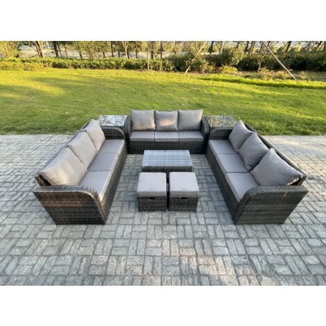 Fimous Ensemble de canapés en rotin 11 places salon de jardin avec Table basse rectangulaire Canapé 3 places 2 Tables d'appoint 2 Petits tabourets Gris foncé mixte
