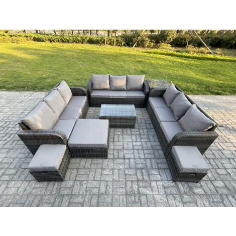 Fimous Ensemble de canapés en rotin 12 places salon de jardin avec Table basse rectangulaire Canapé 3 places Table d'appoint 3 Tabourets Gris foncé mixte
