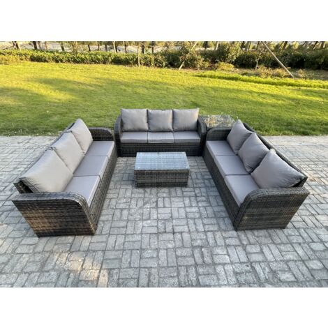 Fimous Ensemble de canapés en rotin 9 places salon de jardin avec Table basse rectangulaire Canapé 3 places Table d'appoint Gris foncé mixte