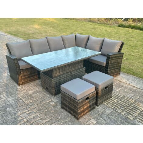 Fimous – Ensemble de jardin 8 places – Canapé en rotin PE gris foncé – Table réglable en hauteur 140x80cm – Confort ergonomique et coussins amovibles