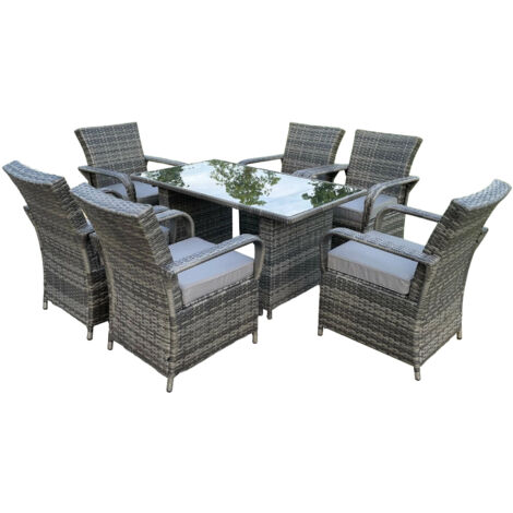 Fimous – Ensemble de meubles de jardin 6 places – Table rectangulaire 140x80 cm en verre trempé noir – Chaises en rotin PE ergonomiques – Faible entretien