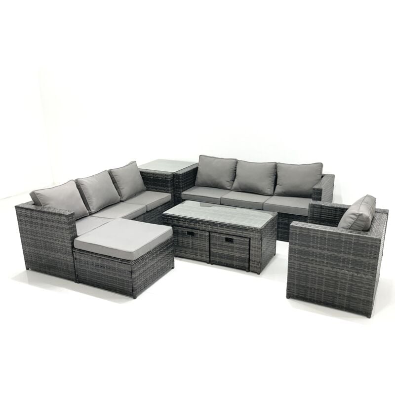 Ensemble de meubles de jardin en polyrotin 10 places avec Canapé Table basse 3 Tabourets Fauteuil Table d'appoint Gris foncé mixte - Fimous