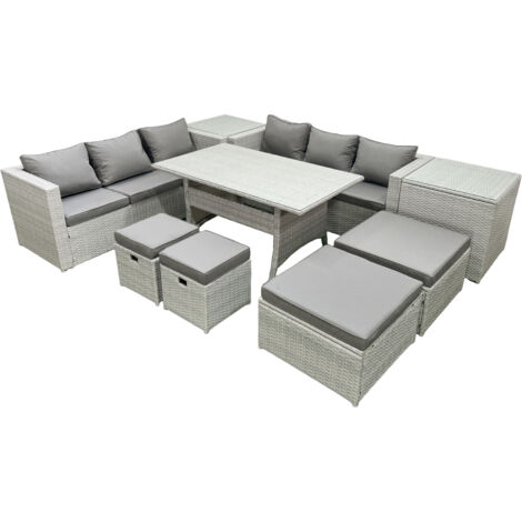 Fimous Ensemble de meubles de jardin en polyrotin 10 places avec Table à manger 2 Tables d'appoint Gris clair mélangé