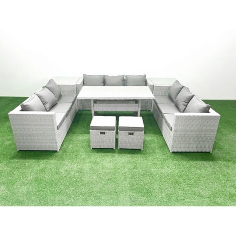 Fimous Ensemble de meubles de jardin en polyrotin 11 places  avec 2 Petit tabouret 2 Tables d'appoint Gris clair mélangé