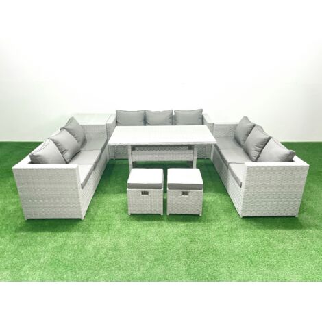 Fimous Ensemble de meubles de jardin en polyrotin 11 places  avec 2 Petit tabouret Table d'appoint Gris clair mélangé