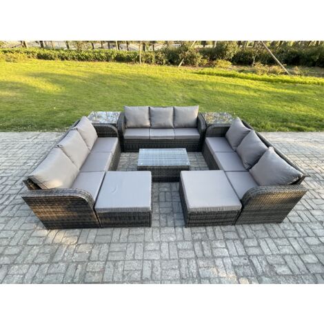 Fimous Ensemble de meubles de jardin en polyrotin 11 places avec Table basse rectangulaire Canapé 3 places 2 Tables d'appoint 2 Grand tabourets Gris foncé mixte
