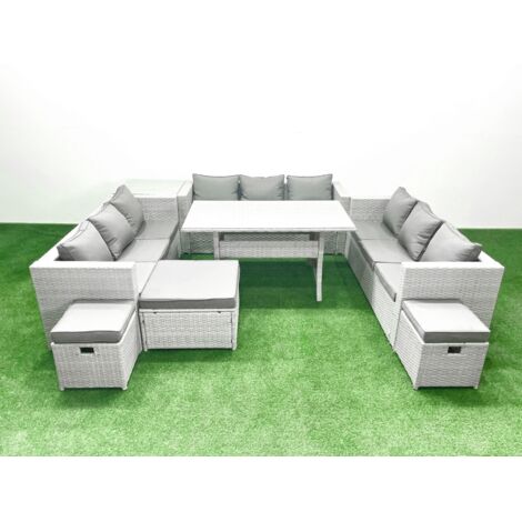 Fimous Ensemble de meubles de jardin en polyrotin 12 places  avec 3 Repose-pieds Table d'appoint Gris clair mélangé