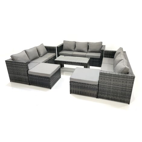 Fimous Ensemble de meubles de jardin en polyrotin 6 Pièces avec Table basse carrée 2 Grand tabourets Gris foncé mixte