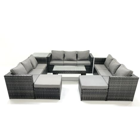 Fimous Ensemble de meubles de jardin en polyrotin 7 Pièces avec Canapé Table basse 2 Grand tabourets Table d'appoint Gris foncé mixte