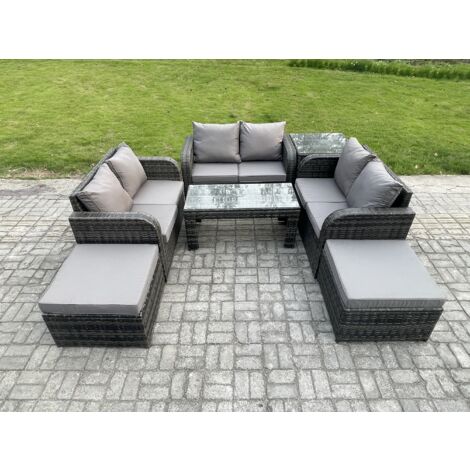 Fimous Ensemble de meubles de jardin en polyrotin 7 Pièces avec Table basse rectangulaire Canapé à deux places 2 Grand tabourets Table d'appoint