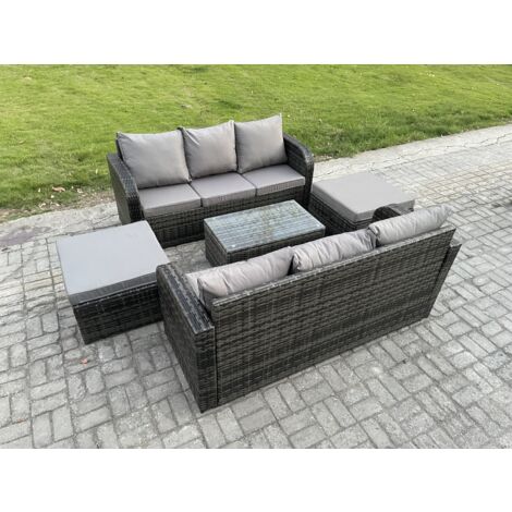 Fimous Ensemble de meubles de jardin en polyrotin 8 places avec Table basse rectangulaire Canapé 3 places 2 Grand tabourets Gris foncé mixte