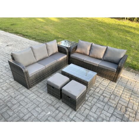 Fimous Ensemble de meubles de jardin en polyrotin 8 places avec Table basse rectangulaire Canapé 3 places Table d'appoint 2 Petits tabourets Gris foncé mixte