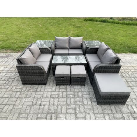 Fimous Ensemble de meubles de jardin en polyrotin 9 Pièces avec Table basse rectangulaire Canapé à deux places 3 Tabourets 2 Tables d'appoint