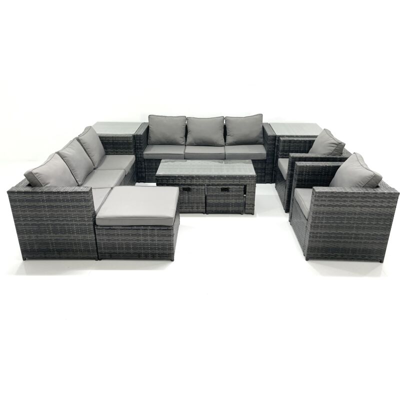 Ensemble de meubles de jardin en polyrotin avec Table basse Fauteuil 2 Tables d'appoint 3 Tabourets Gris foncé mixte - Fimous