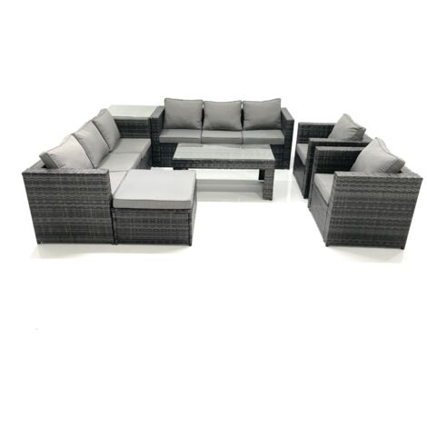 Fimous Ensemble de meubles de jardin en polyrotin avec Table basse Fauteuil Table d'appoint Grand tabouret Gris foncé mixte