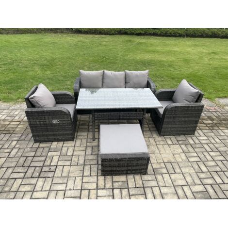 Fimous Ensemble de meubles de jardin en polyrotin Table à manger rectangulaire et Fauteuil Canapé avec Grands Tabouret Gris foncé mélangé