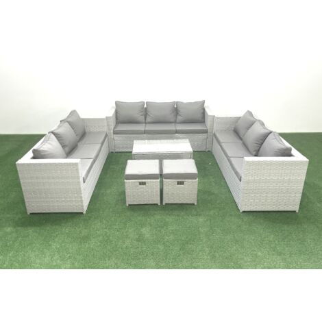 Fimous Ensemble de meubles de jardin en rotin 11 places avec Canapé de jardin Table basse 2 Petit pouf Gris clair mixte