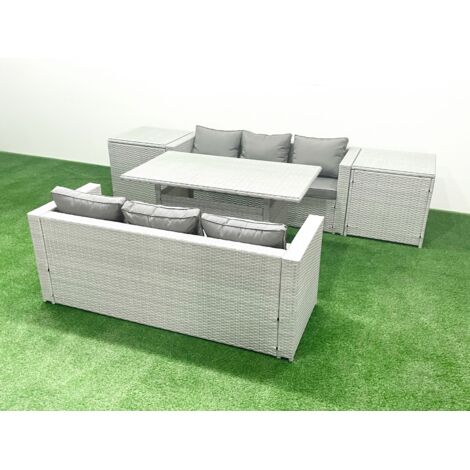 Fimous Ensemble de meubles de jardin en rotin 6 places avec table de salle à manger 2 Tables d'appoint Gris clair mélangé