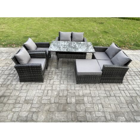 Fimous Ensemble de meubles de jardin en rotin  7 places avec Table à manger oblongue DoppelsitzCanapé Grands Tabouret Gris foncé mélangé