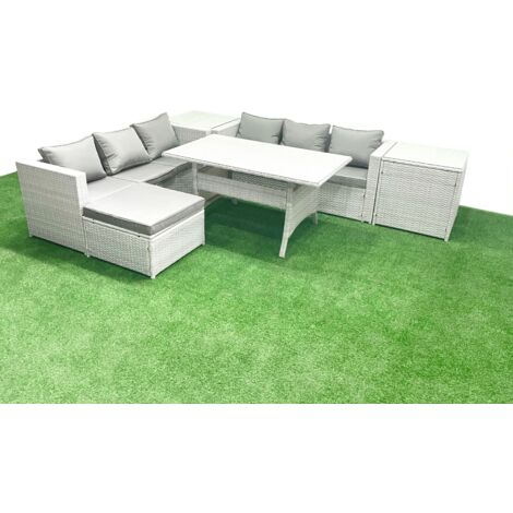 Fimous Ensemble de meubles de jardin en rotin 7 places avec table de salle à manger 2 Tables d'appoint Grands Tabouret Gris clair mélangé
