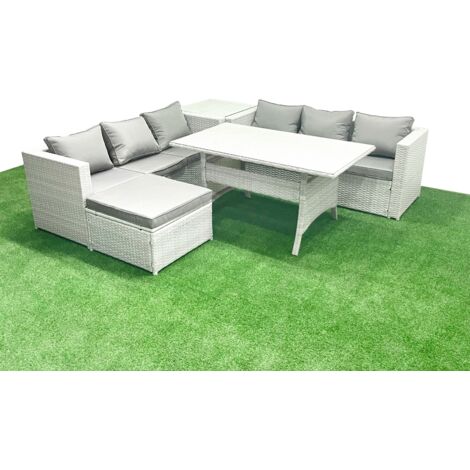 Fimous Ensemble de meubles de jardin en rotin 7 places avec table de salle à manger Table d'appoint Grands Tabouret Gris clair mélangé