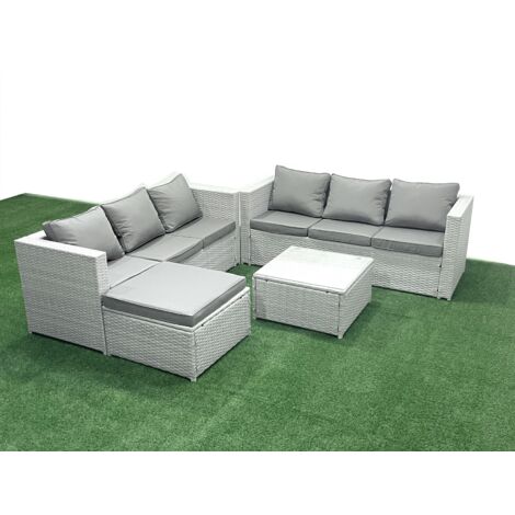 Fimous Ensemble de meubles de jardin en rotin 7 places Ensemble de canapés de jardin avec Grand tabouret Gris clair mixte
