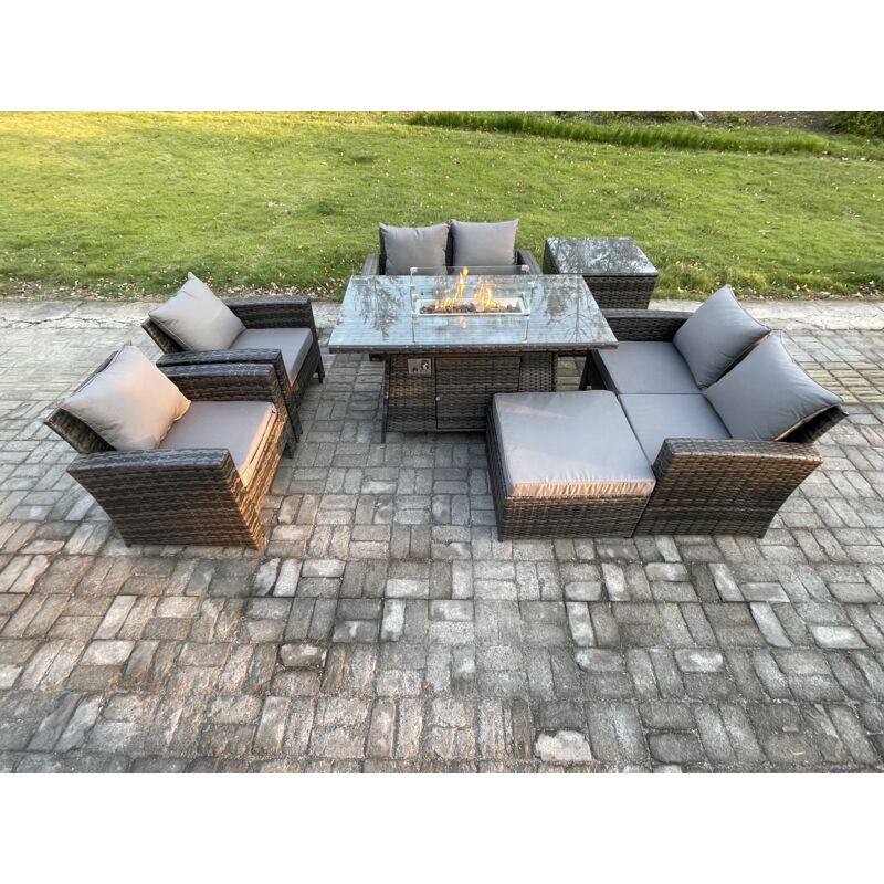 Fimous Ensemble de meubles de jardin en rotin 7 Places Foyer à gaz Table à manger Set ave Canapé deux places Table d'appoint Grand Tabouret Gris foncé
