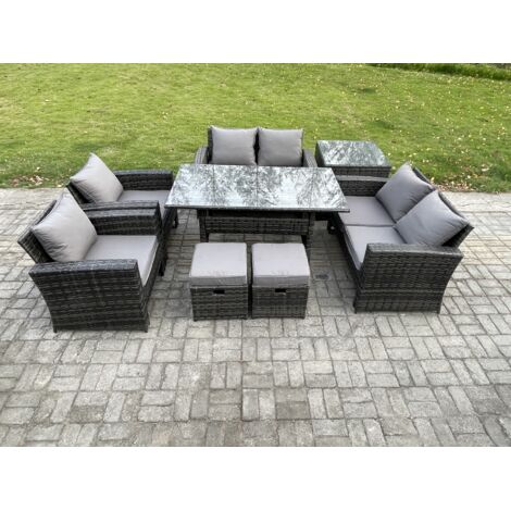 Fimous Ensemble de meubles de jardin en rotin  8 places avec Table à manger oblongue DoppelsitzCanapé Table d'appoint 2 Petits repose-pieds Gris foncé mélangé