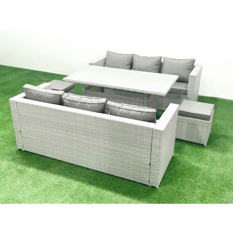 Fimous Ensemble de meubles de jardin en rotin 8 places avec table de salle à manger 2 Petits repose-pieds Gris clair mélangé