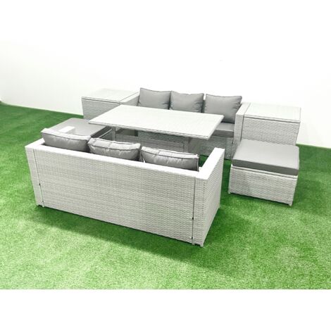 Fimous Ensemble de meubles de jardin en rotin 8 places avec table de salle à manger 2 Tables d'appoint 2 Grands Tabourets Gris clair mélangé