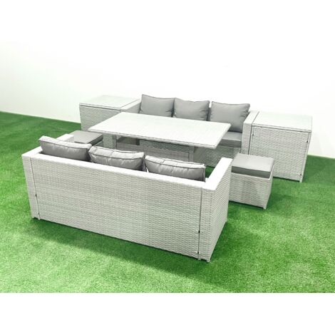 Fimous Ensemble de meubles de jardin en rotin 8 places avec table de salle à manger 2 Tables d'appoint 2 Petits repose-pieds Gris clair mélangé
