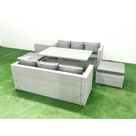 Fimous Ensemble de meubles de jardin en rotin 8 places avec table de salle à manger Table d'appoint 2 Grands Tabourets Gris clair mélangé