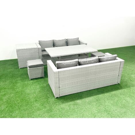 Fimous Ensemble de meubles de jardin en rotin 8 places avec table de salle à manger Table d'appoint 2 Petits repose-pieds Gris clair mélangé
