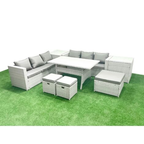 Fimous Ensemble de meubles de jardin en rotin 9 places avec table de salle à manger 2 Tables d'appoint 3 Repose-pieds Gris clair mélangé