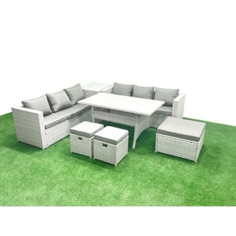 Fimous Ensemble de meubles de jardin en rotin 9 places avec table de salle à manger Table d'appoint 3 Repose-pieds Gris clair mélangé