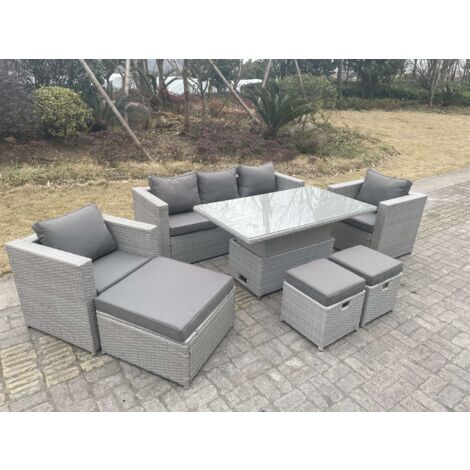 Fimous Ensemble de meubles de jardin en rotin ave Canapé,Table élévatrice und 3 Tabourets,2 Fauteuil Pièces7 Pièces Groupe de sièges Gris Clair